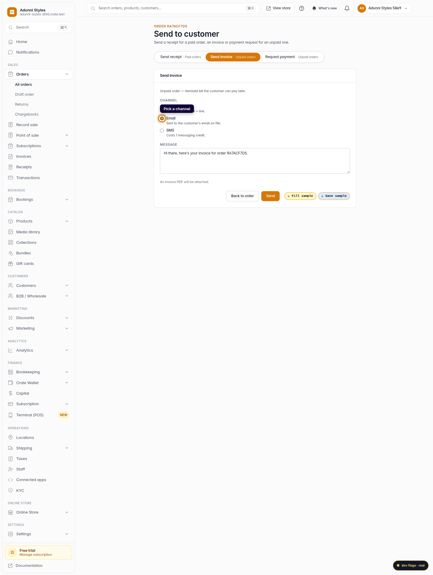 Add a note when you send an invoice: step 4 (web)