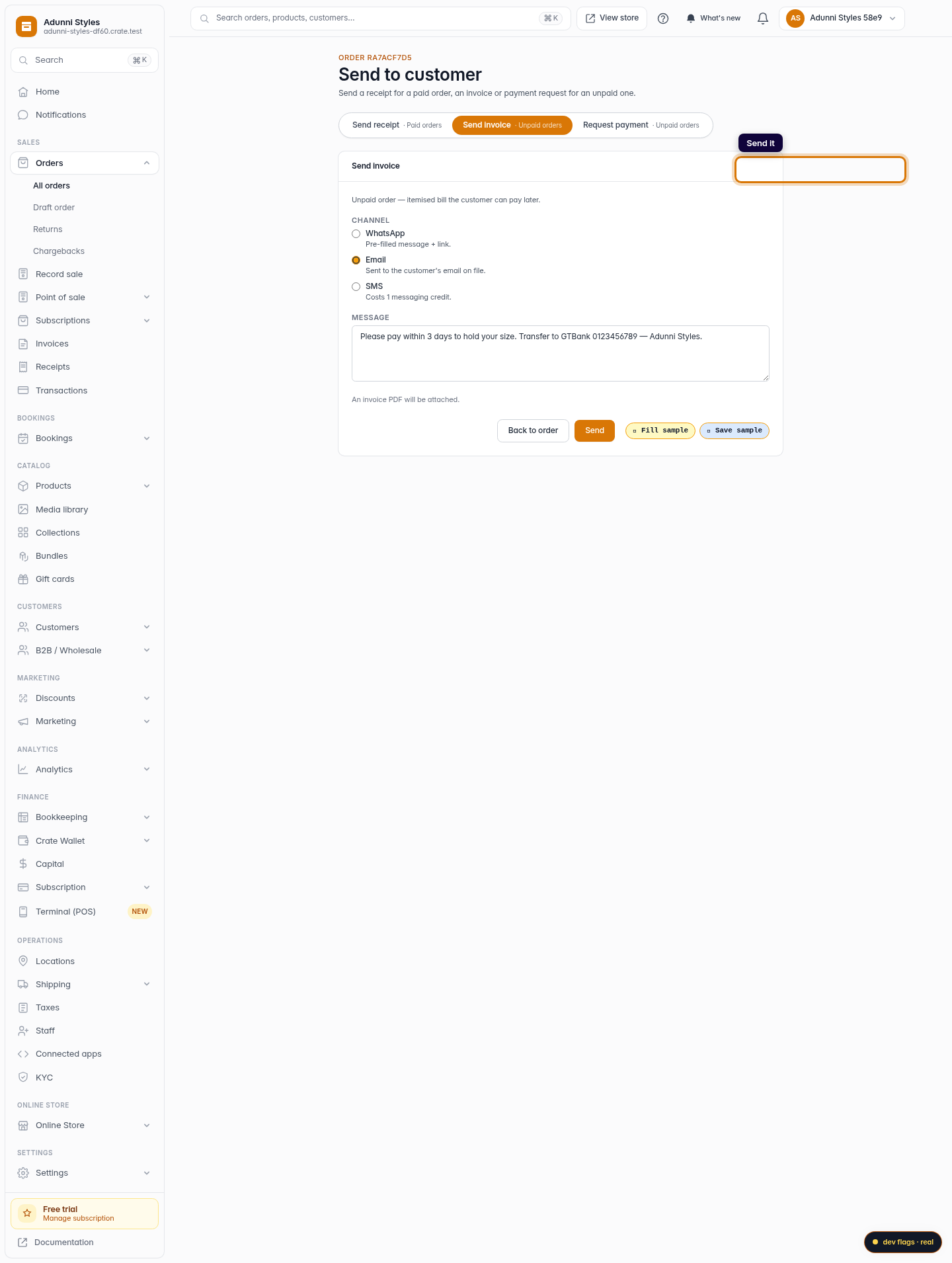 Add a note when you send an invoice: step 6 (web)