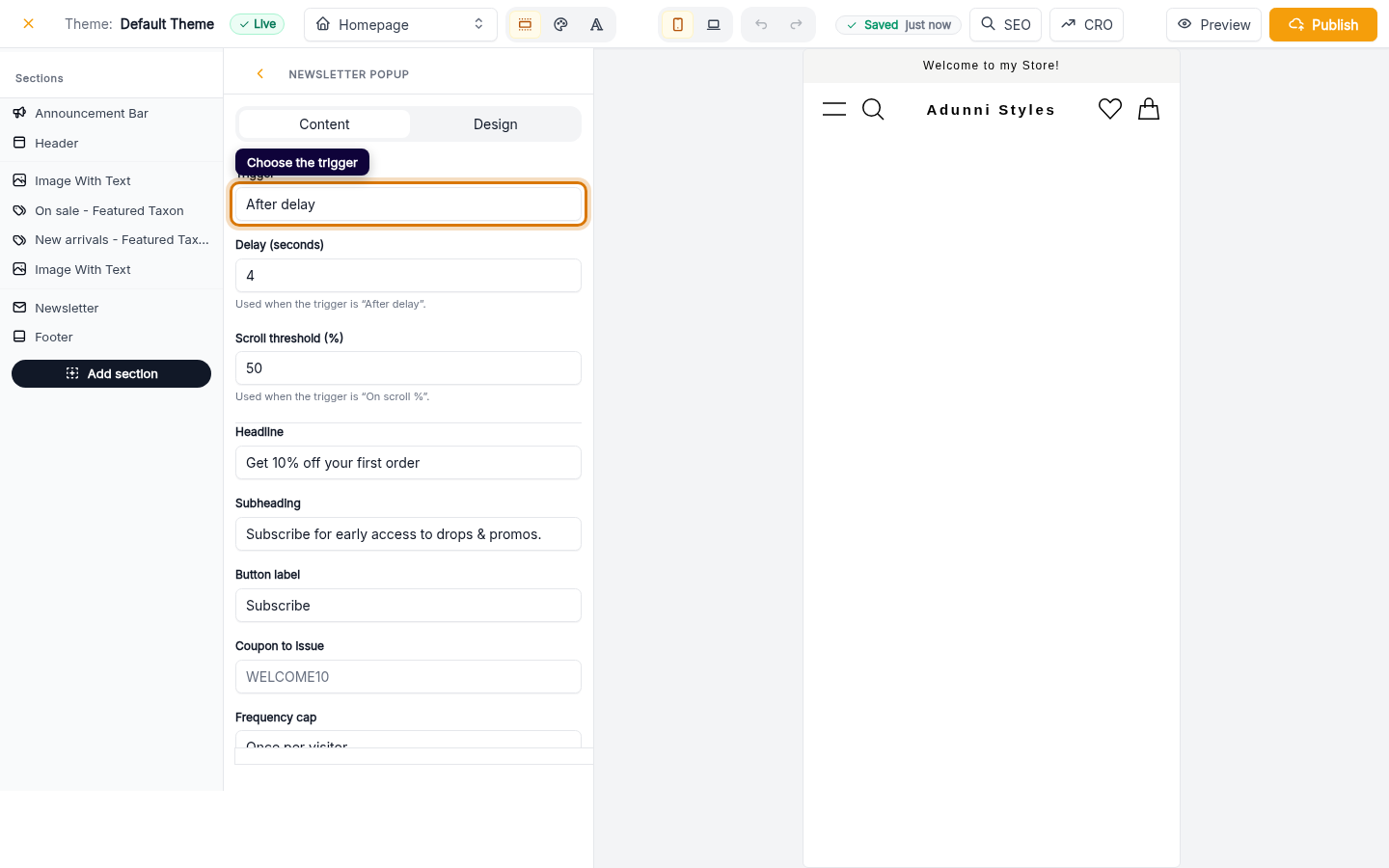 Add and edit your newsletter pop-up: step 3 (web)