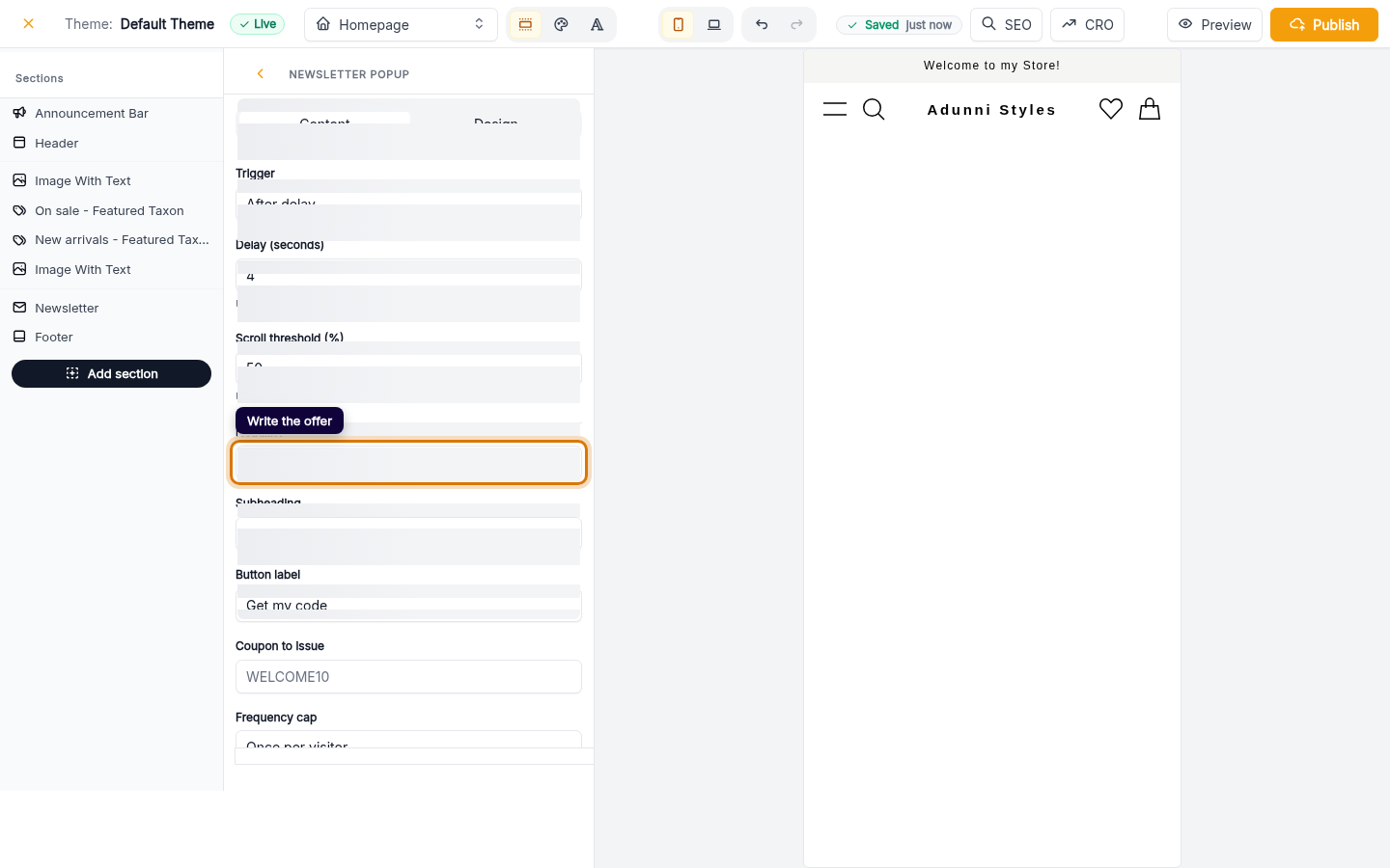 Add and edit your newsletter pop-up: step 4 (web)