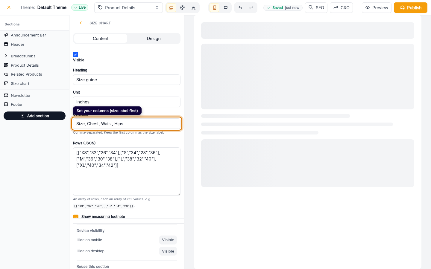 Adding a size chart to your store: step 3 (web)