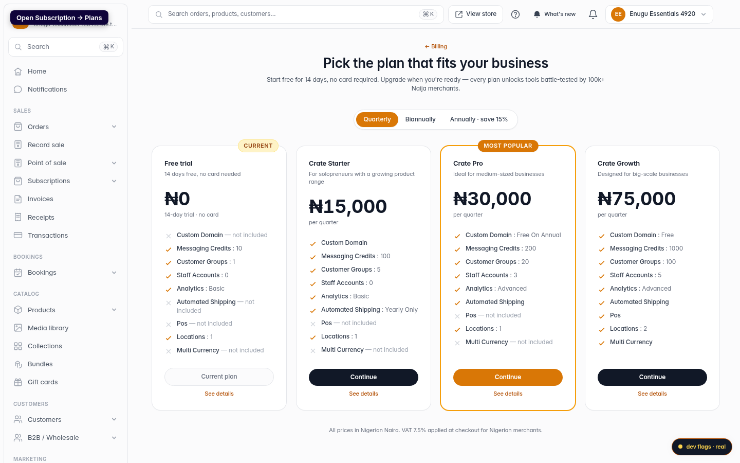 Comparing plans in your dashboard: step 1 (web)