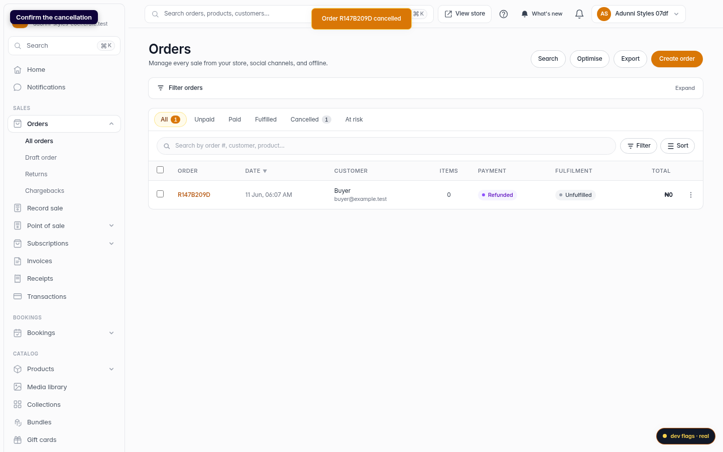Cancelling an order: step 5 (web)