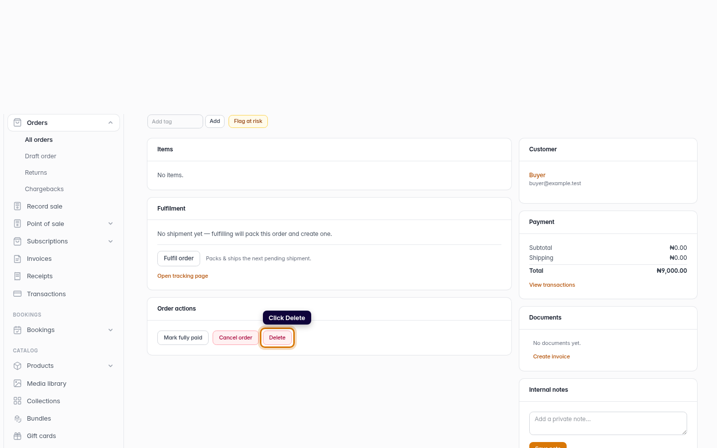 Deleting an order: step 2 (web)