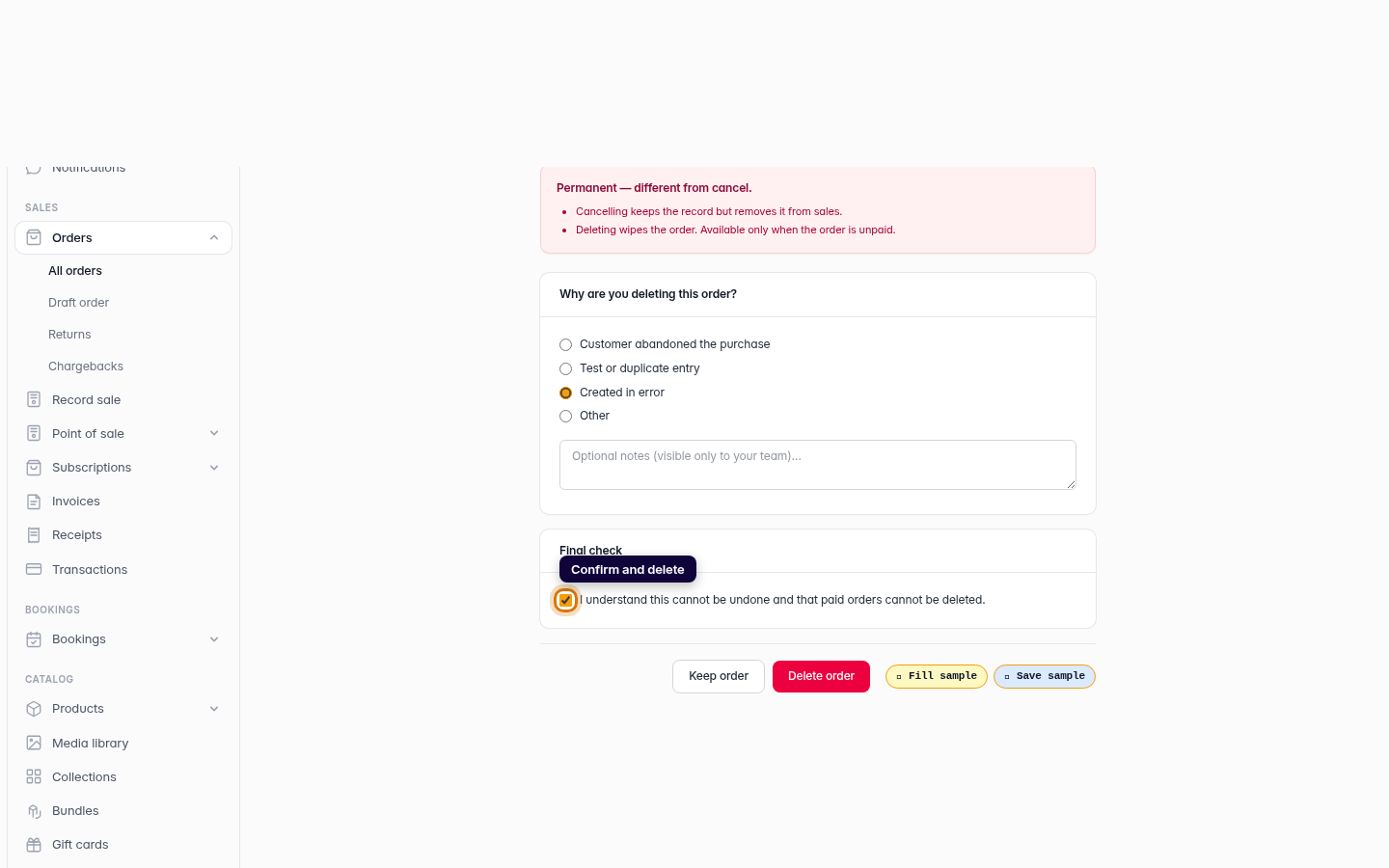 Deleting an order: step 4 (web)