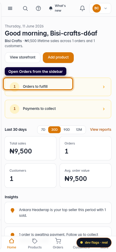 Delete an order: step 1 (mobile)