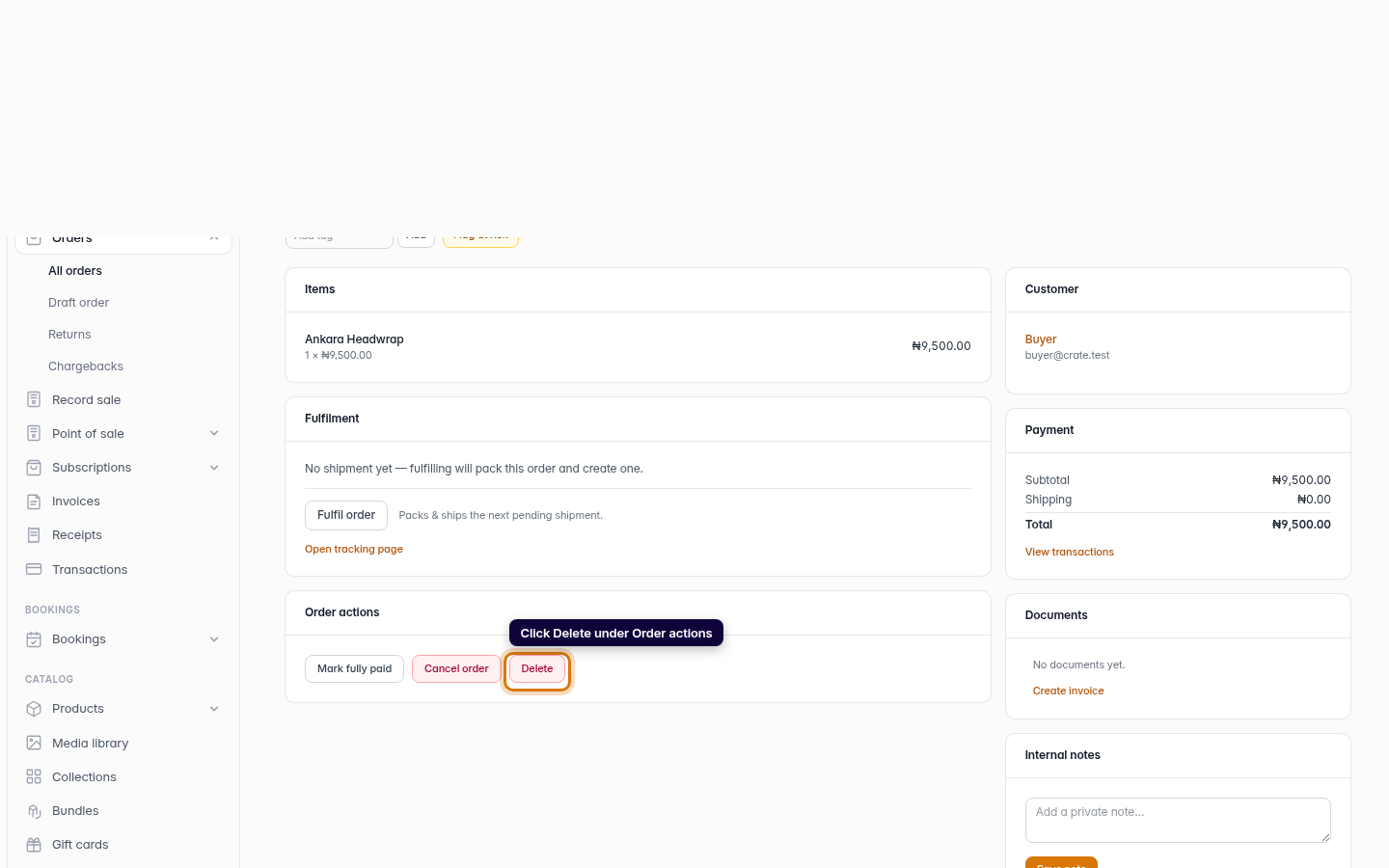 Delete an order: step 3 (web)