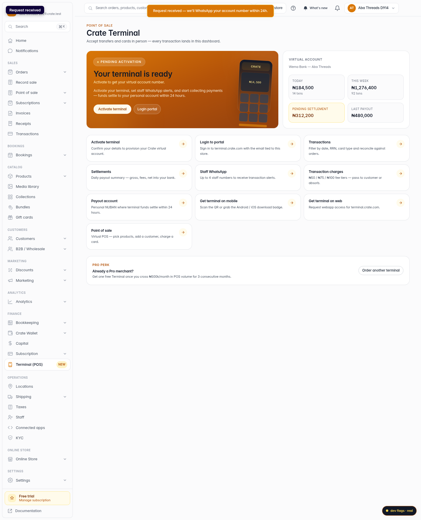 Activate your Crate Terminal: step 5 (web)