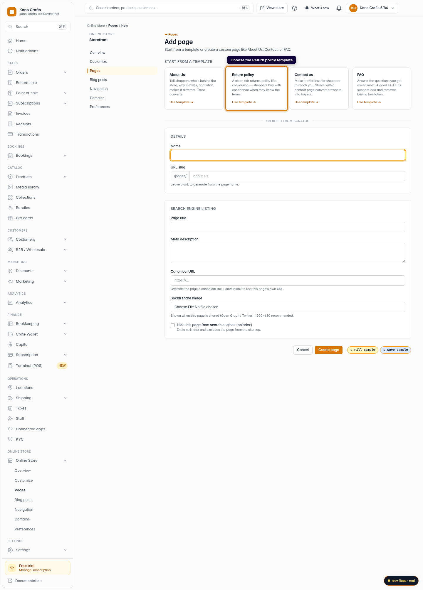 Add a return policy page: step 2 (web)