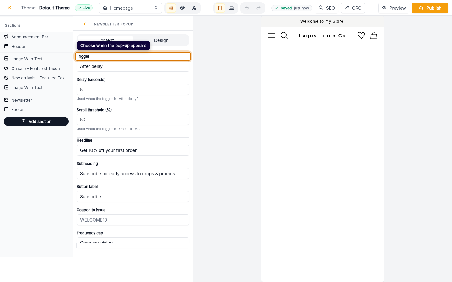 Add or edit your newsletter pop-up: step 4 (web)