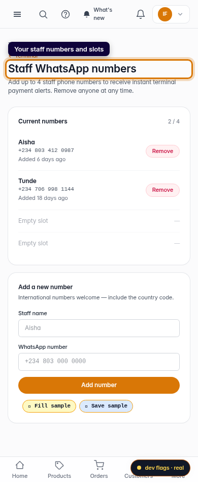 Add or remove staff WhatsApp numbers: step 2 (mobile)