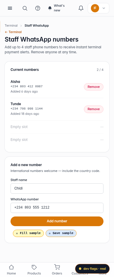 Add or remove staff WhatsApp numbers: step 5 (mobile)