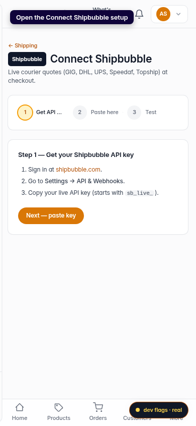 Connect Shipbubble for live shipping rates: step 1 (mobile)