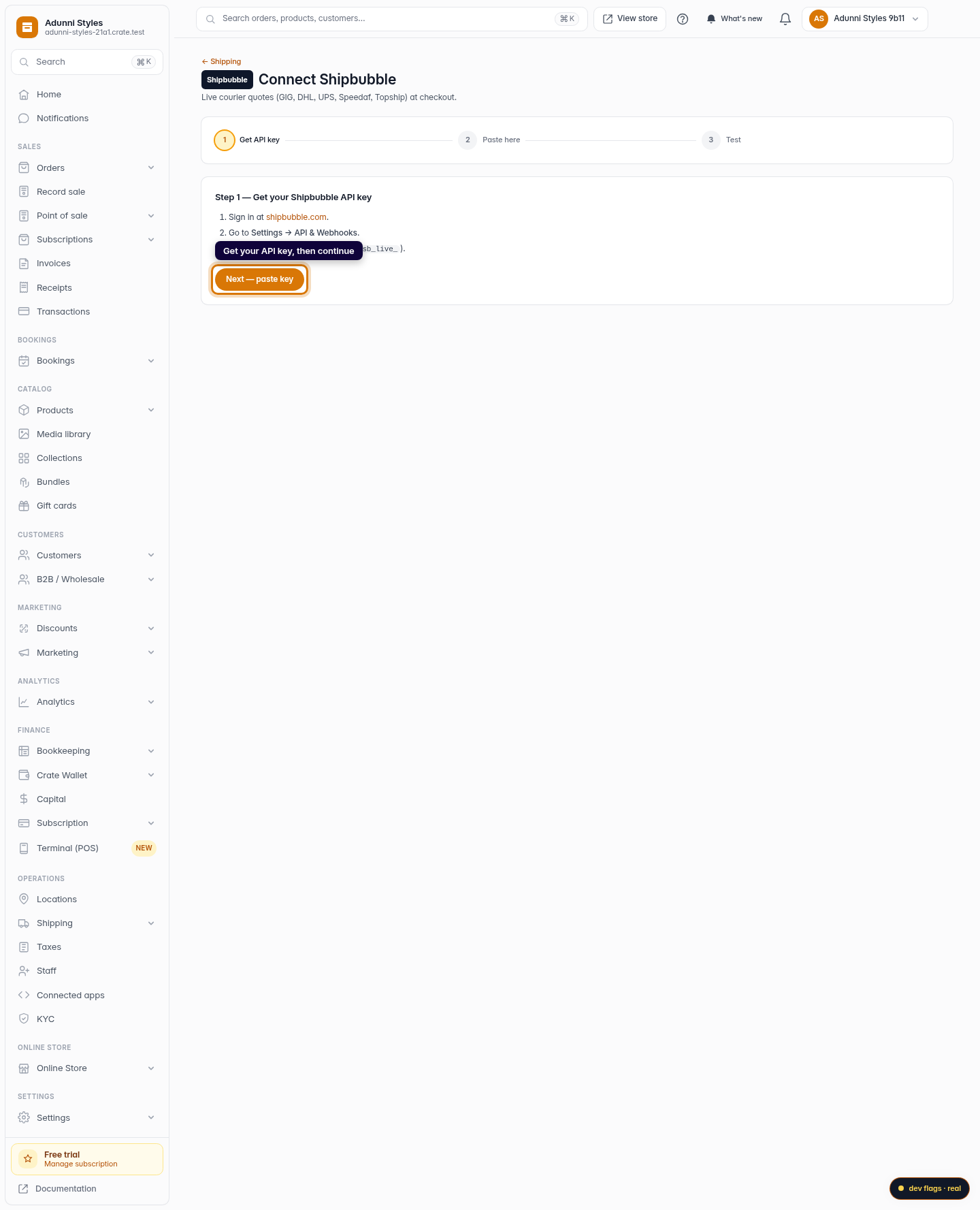Connect Shipbubble for live shipping rates: step 2 (web)