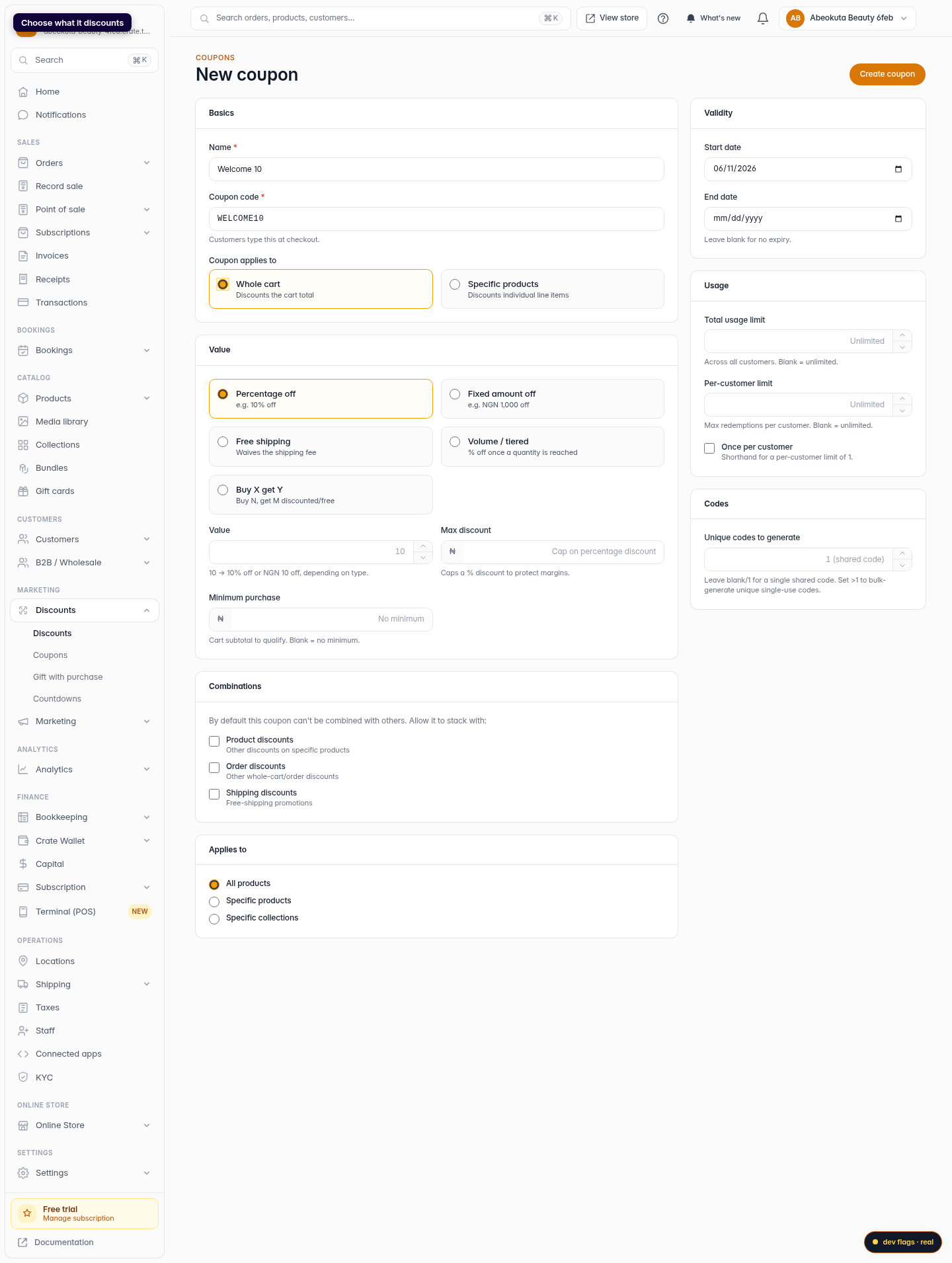 How to create a coupon: step 4 (web)