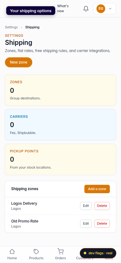 Delete or edit a shipping option: step 1 (mobile)