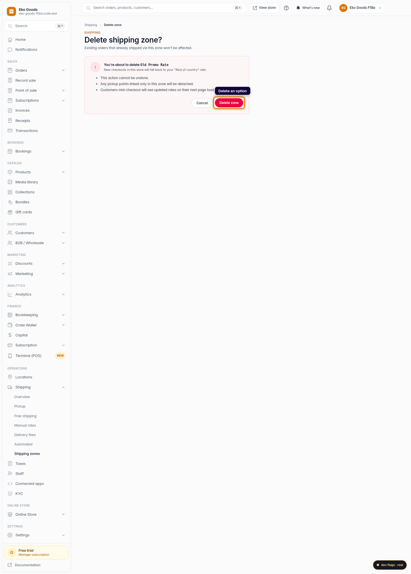 Delete or edit a shipping option: step 5 (web)