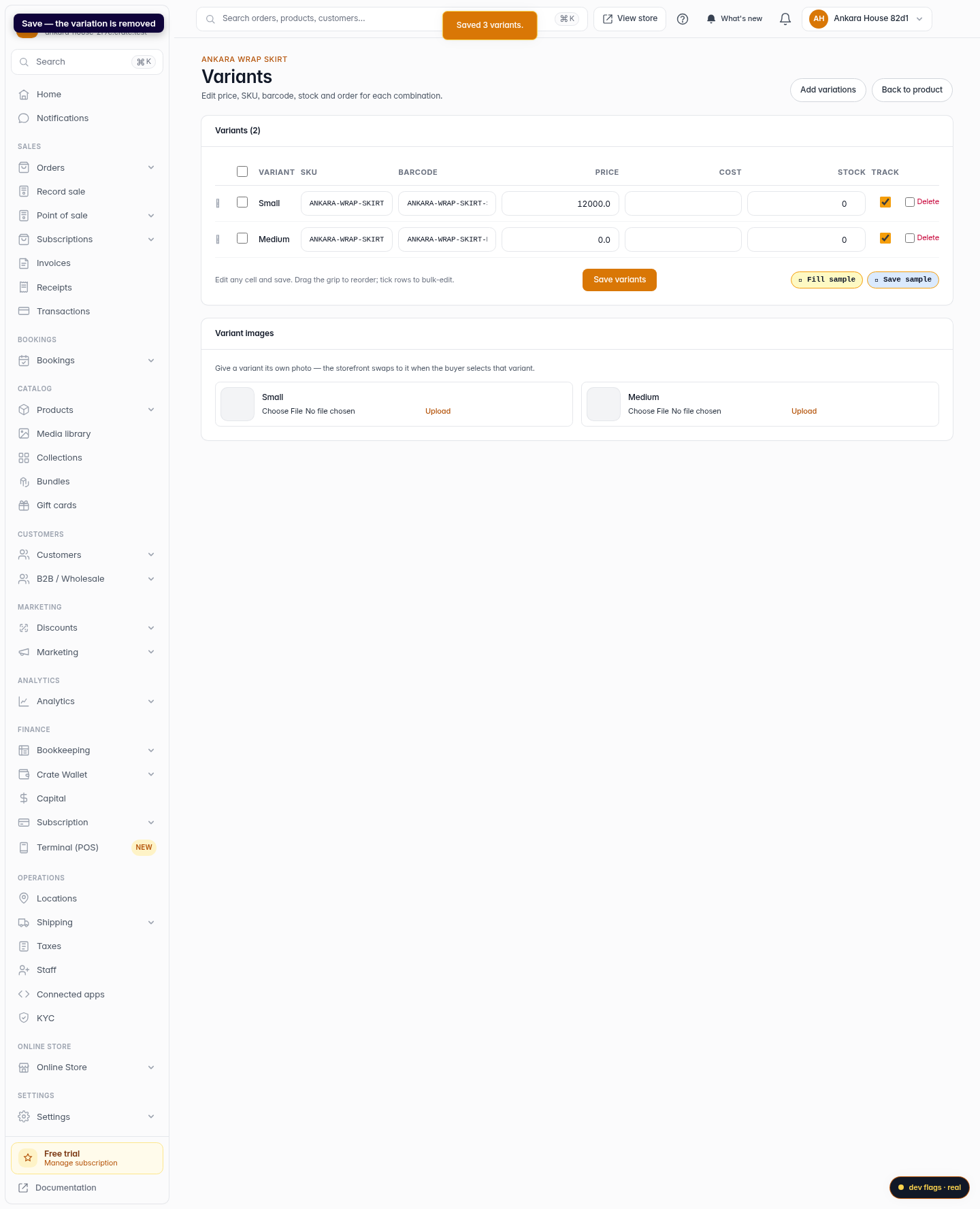 Delete a product variation: step 4 (web)