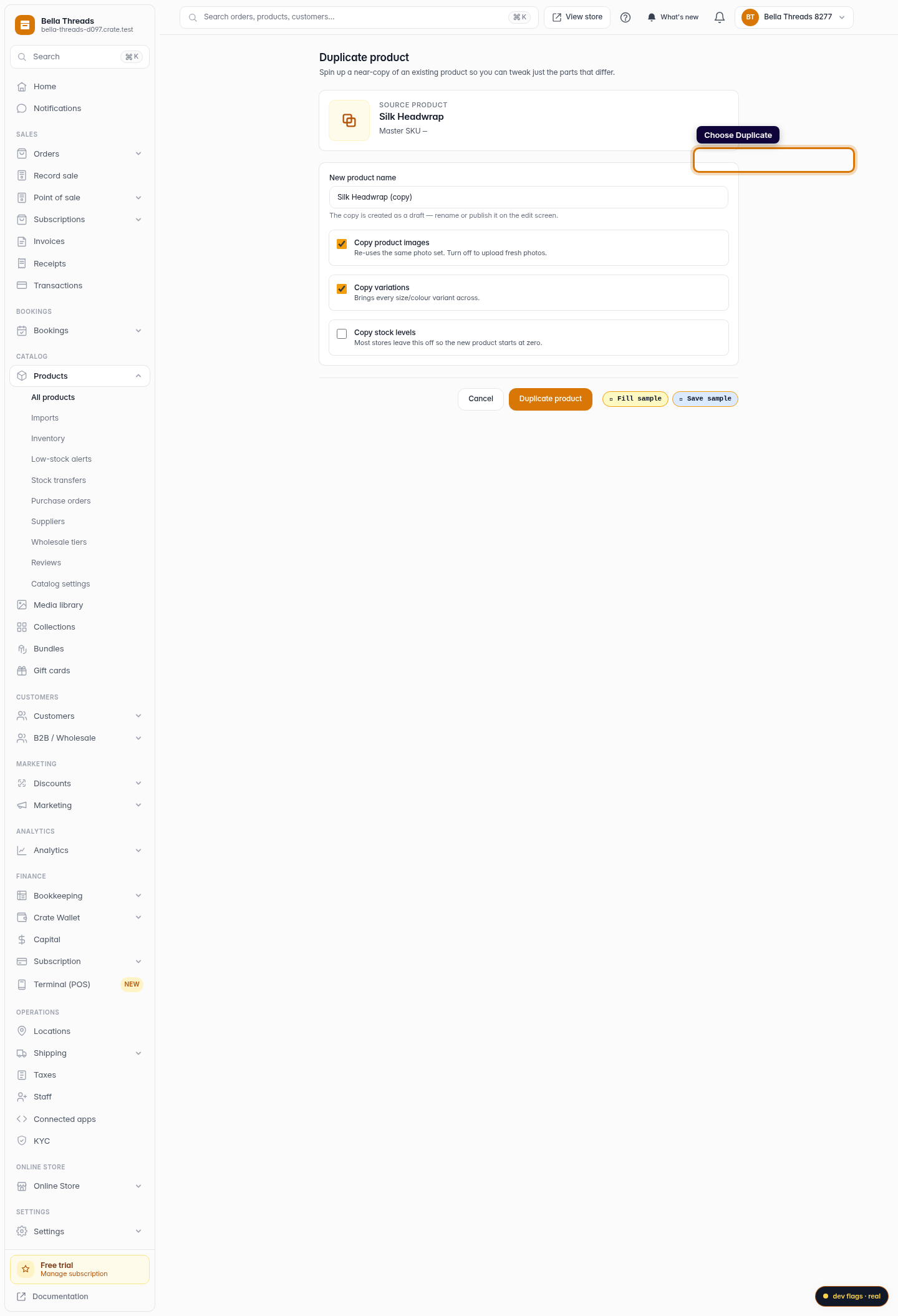 Duplicate a product: step 3 (web)