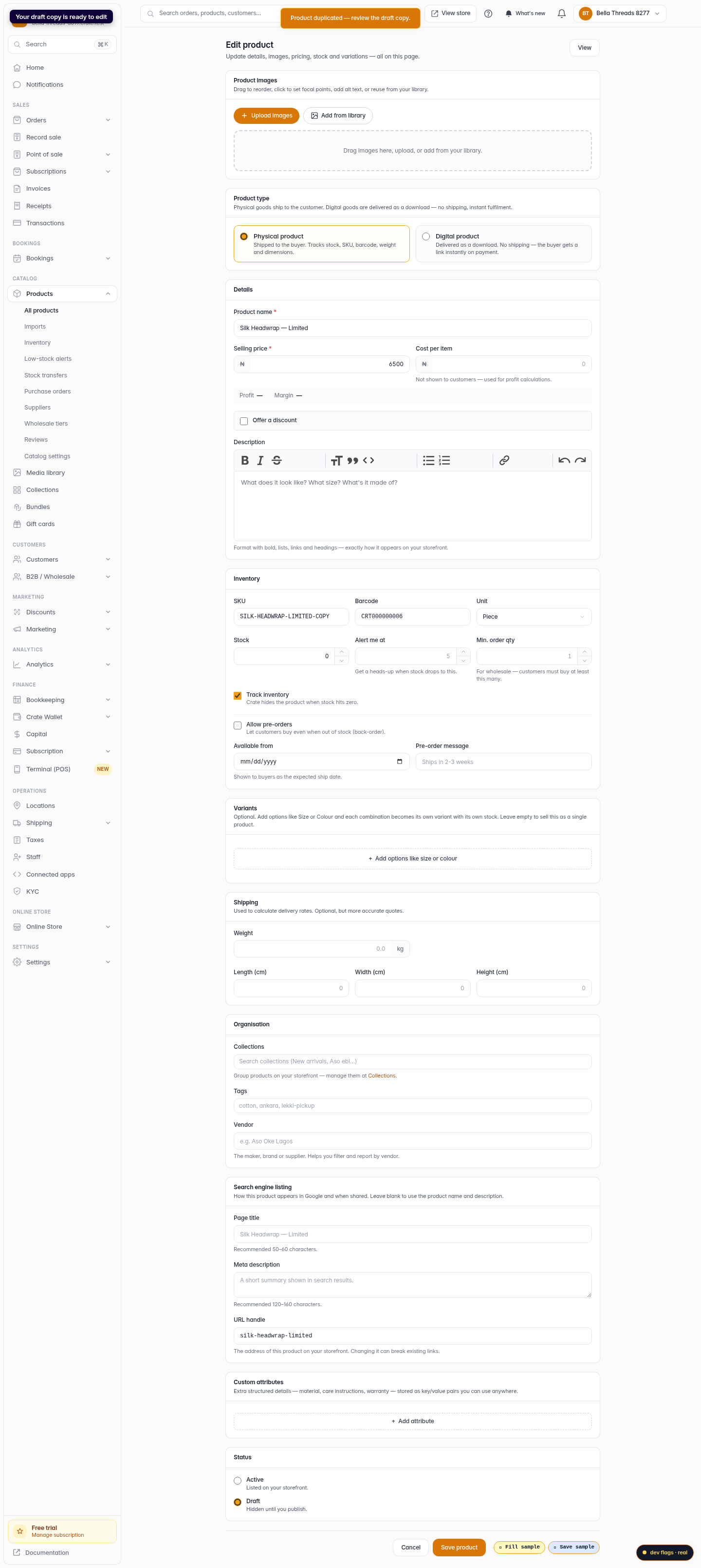 Duplicate a product: step 5 (web)