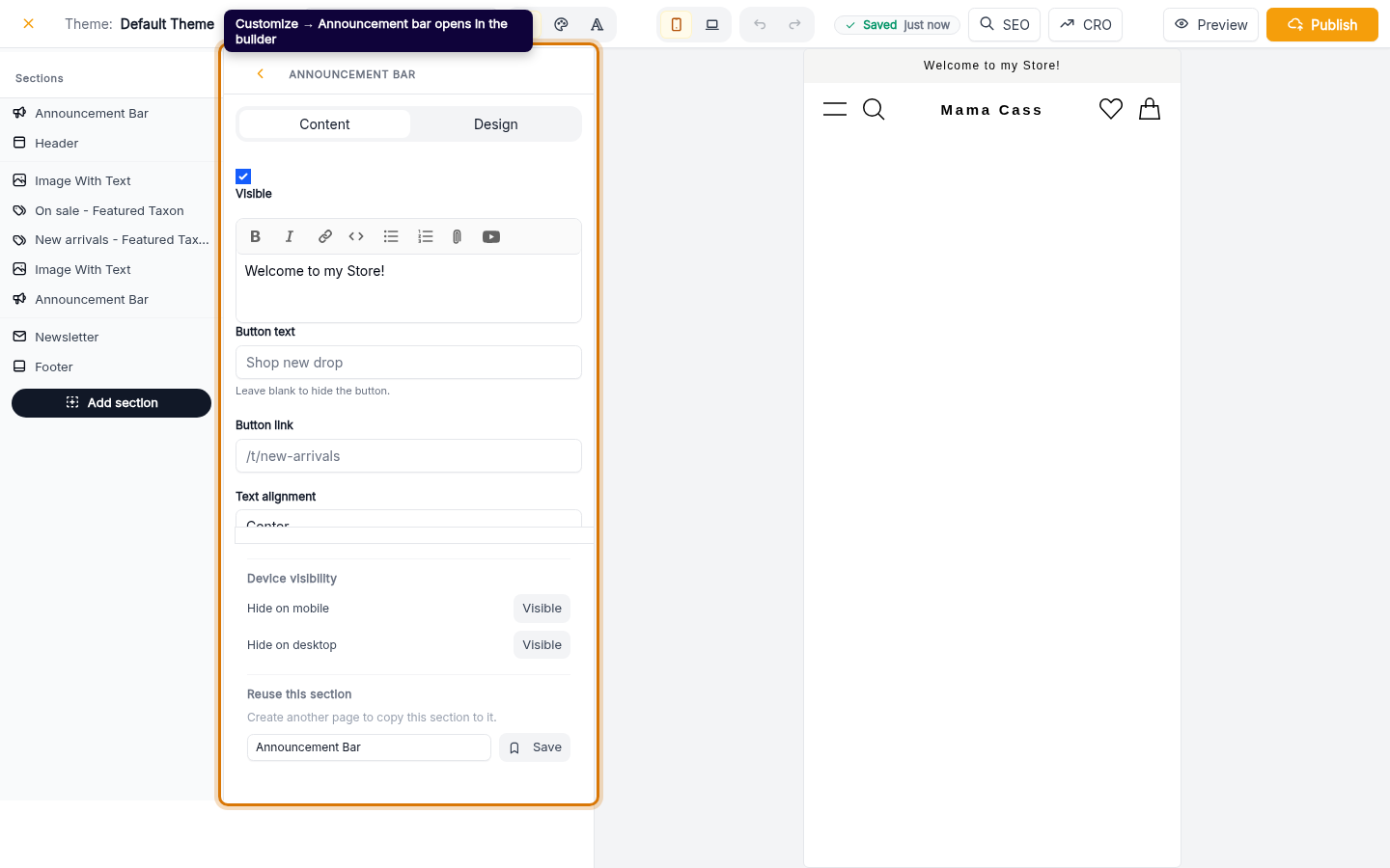 Edit your announcement bar text: step 1 (web)