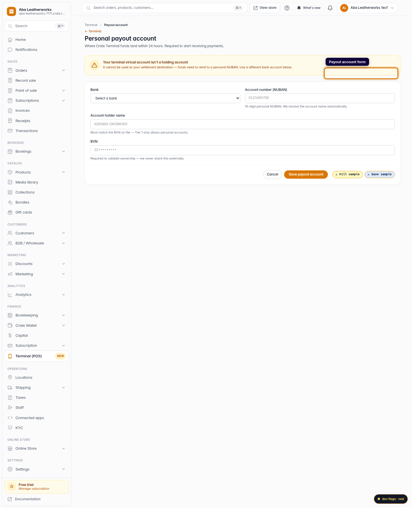 Upload your payout account for Terminal: step 2 (web)