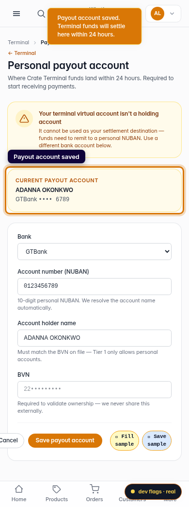 Upload your payout account for Terminal: step 5 (mobile)