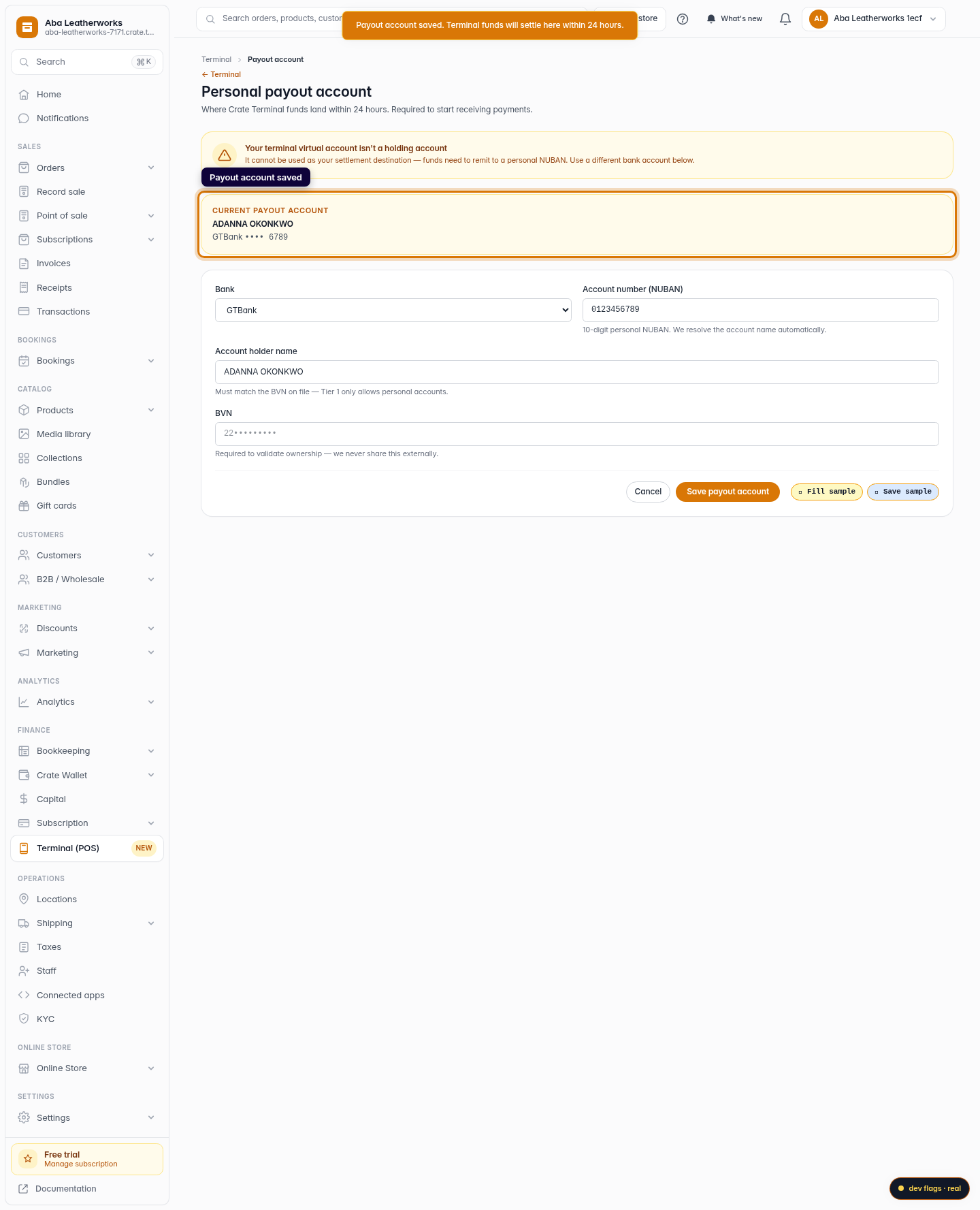 Upload your payout account for Terminal: step 5 (web)