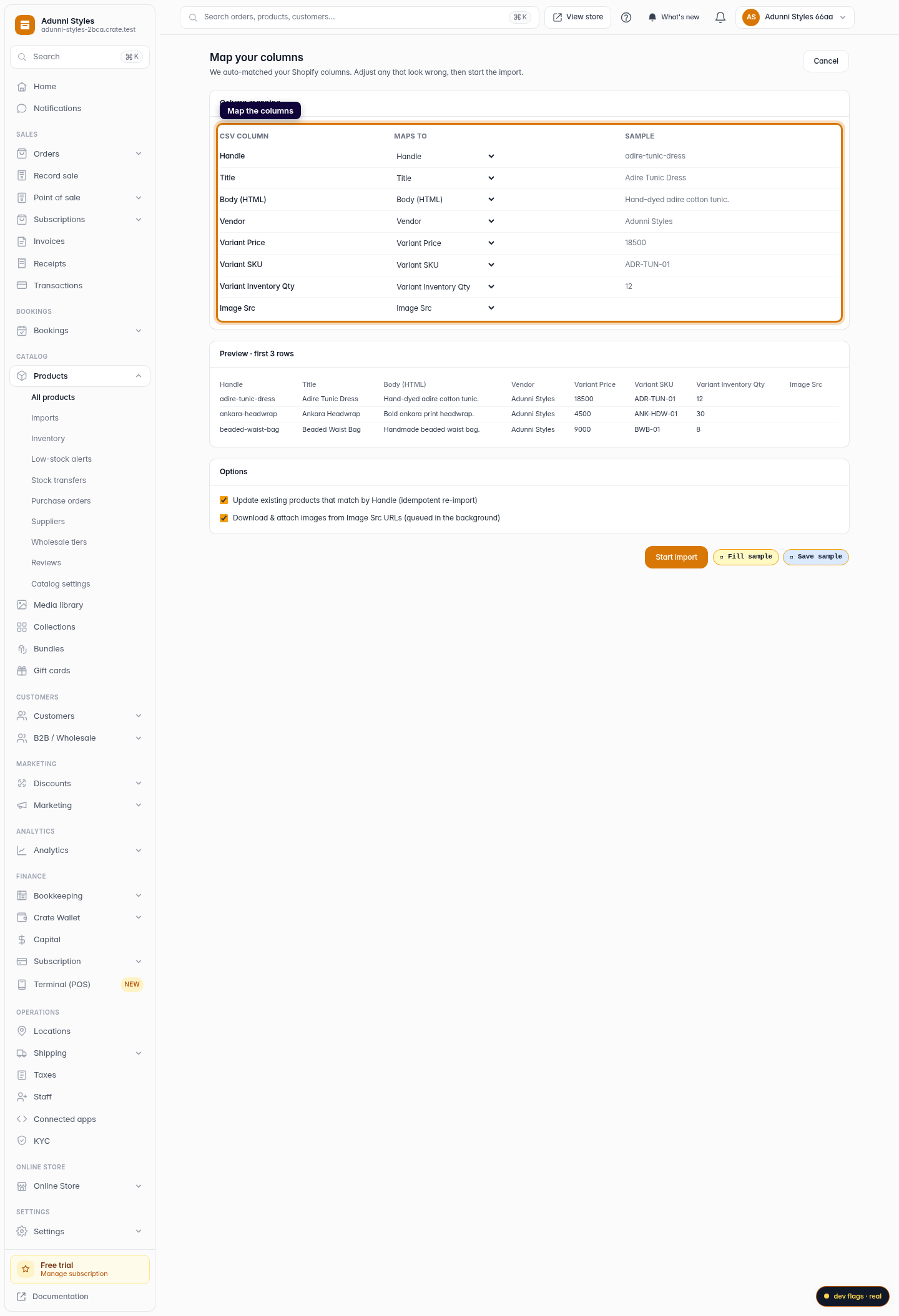 Import products from a CSV: step 4 (web)