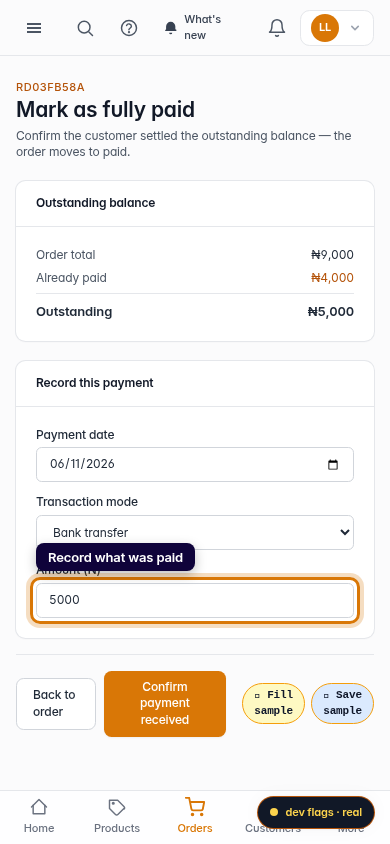 Record a balance payment on your phone: step 3 (mobile)