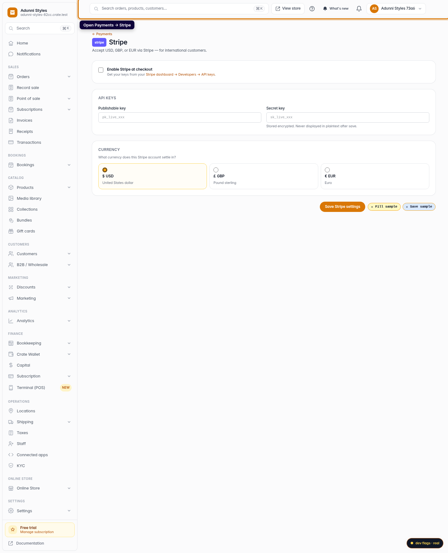 Sell in USD and GBP with Stripe: step 1 (web)