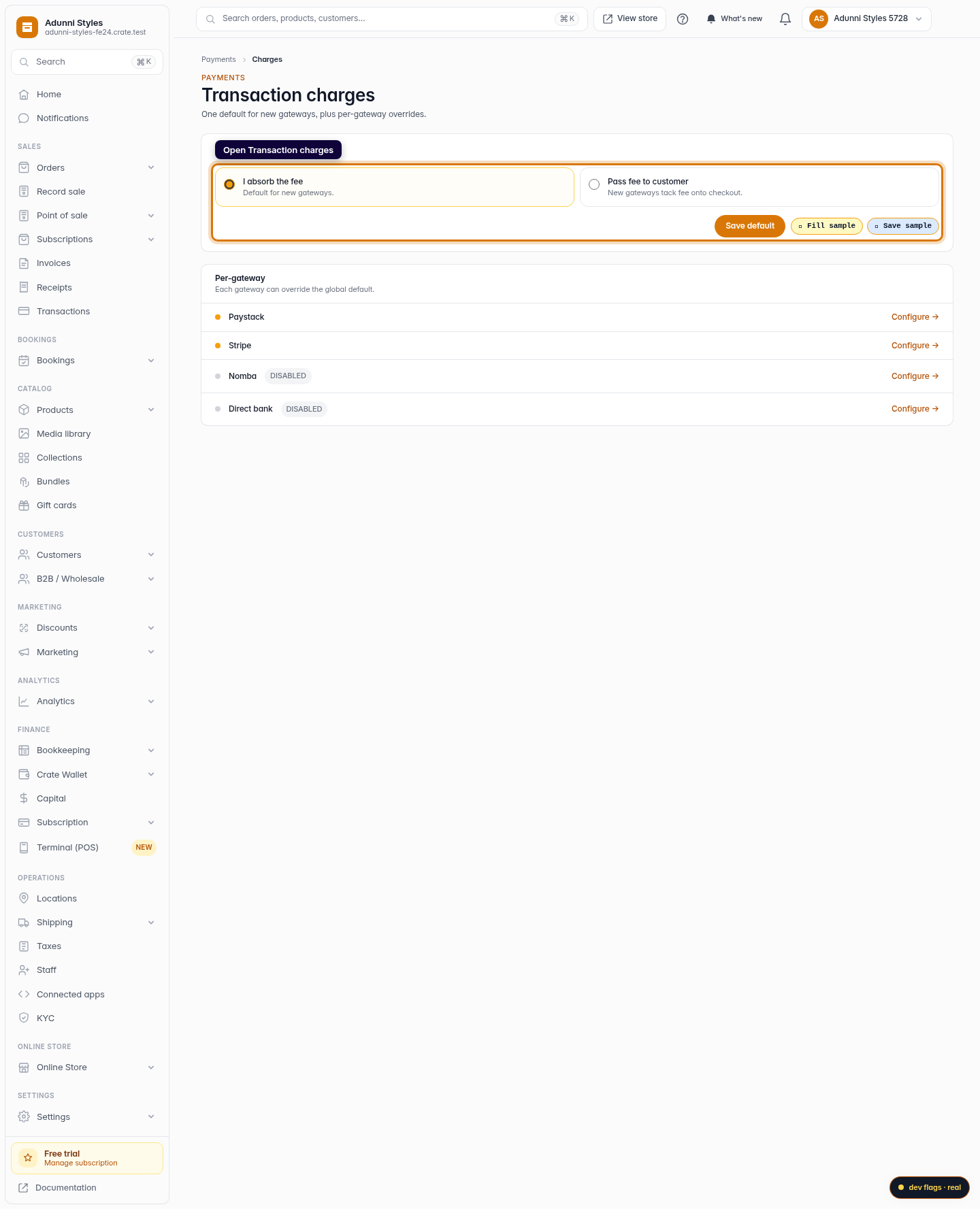 Set who pays the transaction charge: step 1 (web)