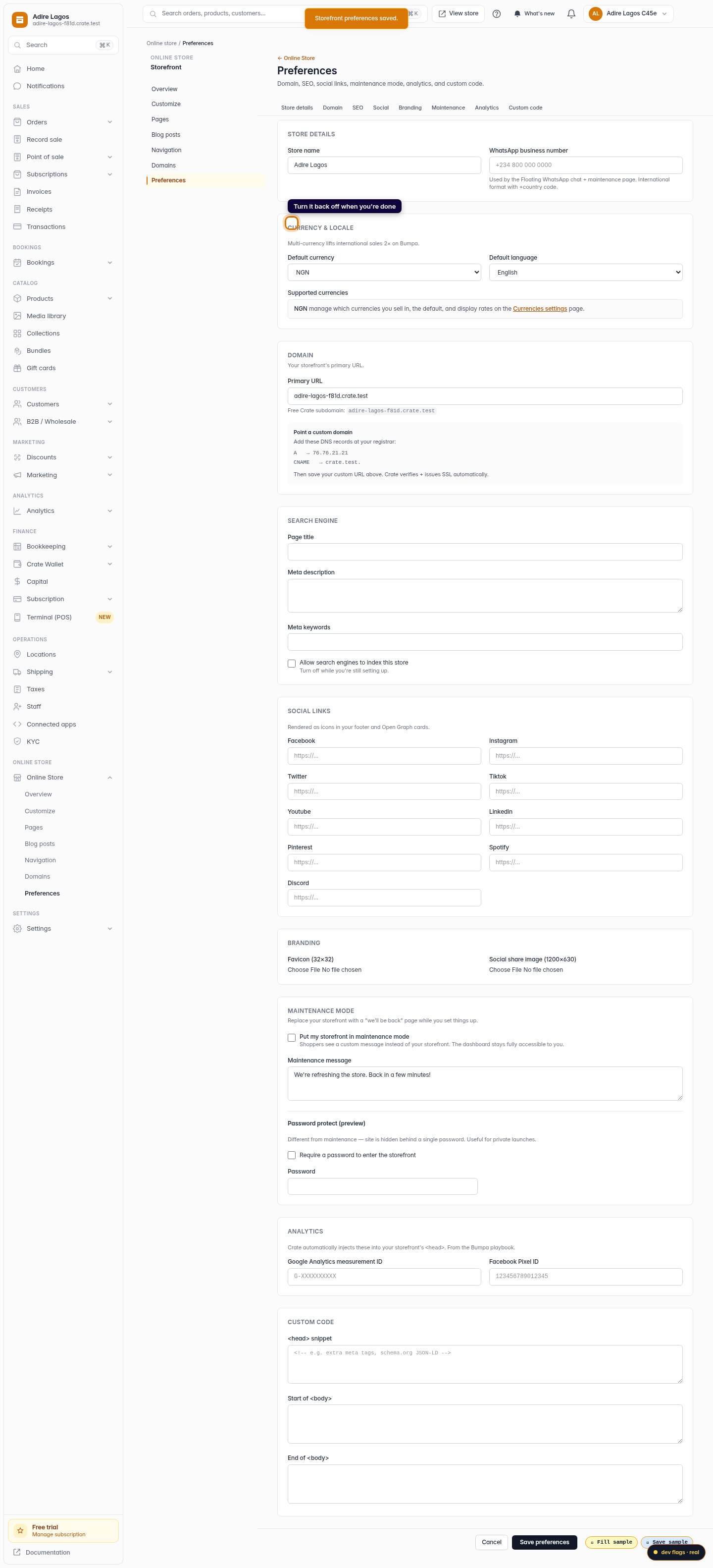 Put your storefront in maintenance mode: step 6 (web)