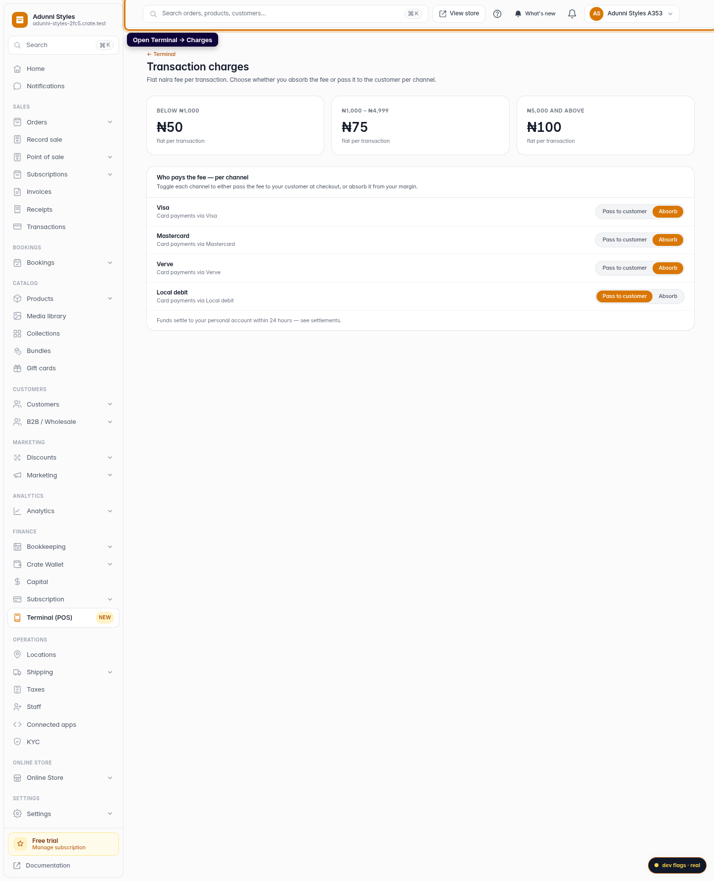 Terminal transaction charges: step 1 (web)