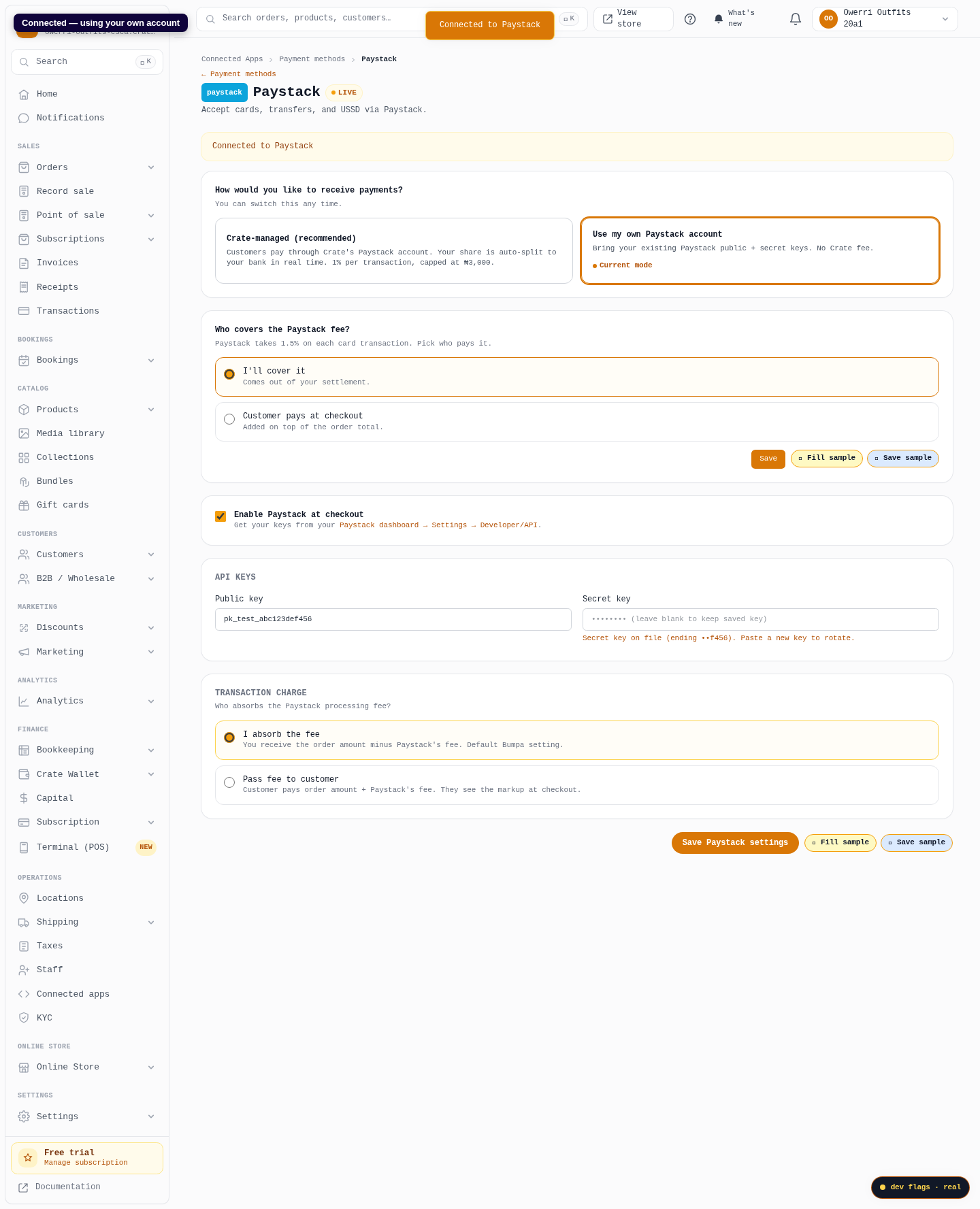 Use your own Paystack keys: step 5 (web)