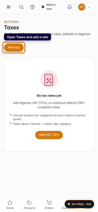 Set up VAT (7.5%) for Nigerian merchants: step 1 (mobile)