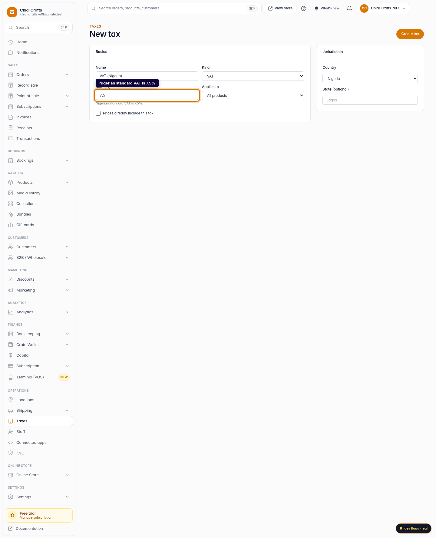 Set up VAT (7.5%) for Nigerian merchants: step 3 (web)